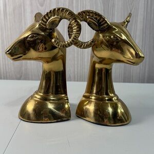 Vintage Brass Ram Sheep Heads Set (2) Bookends Golden Heavy 6.75” Curated Home